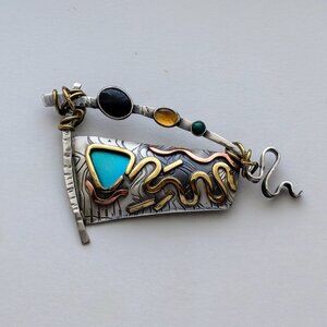 1992 Designer Susan Maria Buckley Sterling Mixed Metals Onyx Citrine Brooch Pin